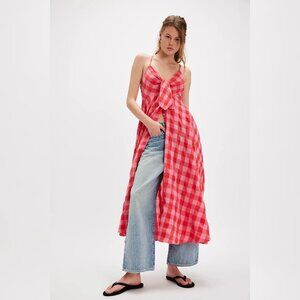 Free People Via Midi Dress S 6 Women's Gingham Red Cotton Sleeveless NEW 45502